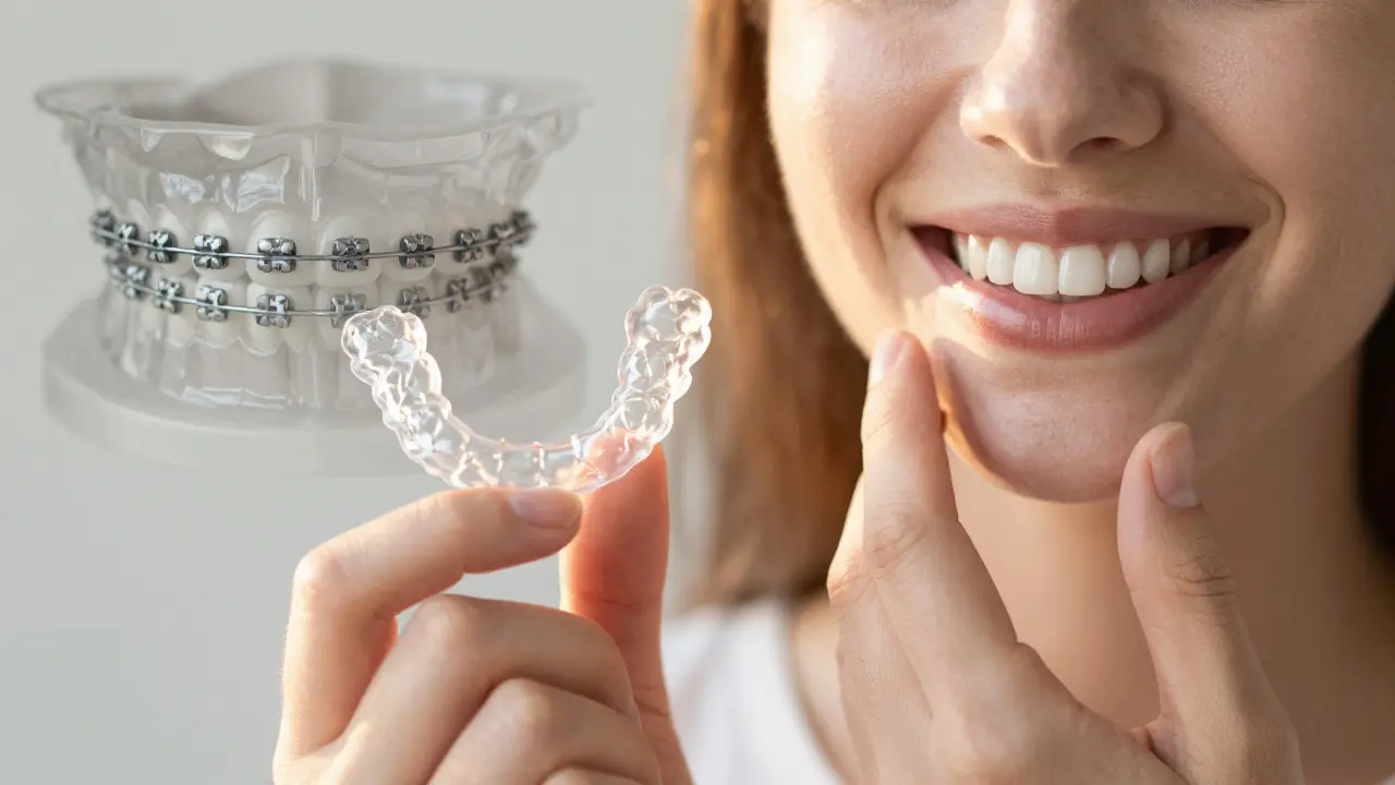 Rozdělený pozadí: staré kovové rovnátka vs. dokonalý úsměv s průhlednými alignery.