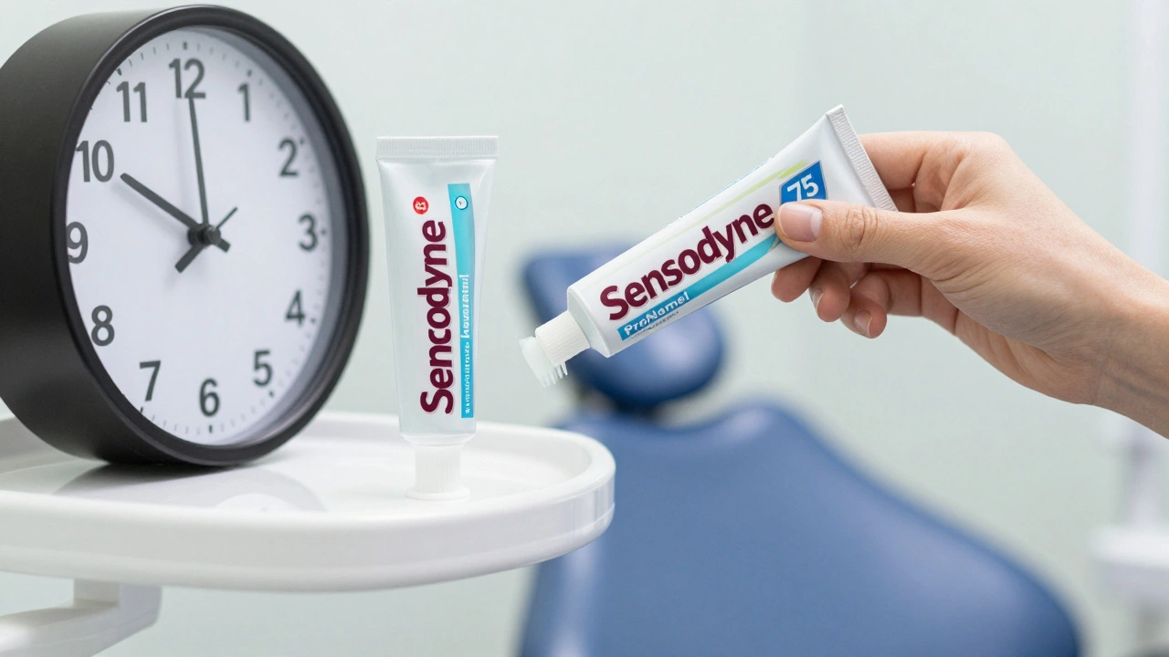 Ruka vrací agresivní bělící pastu na regál a bere jemnou pastu s nízkým RDA, na pozadí hodiny ukazují 2–3x týdně.