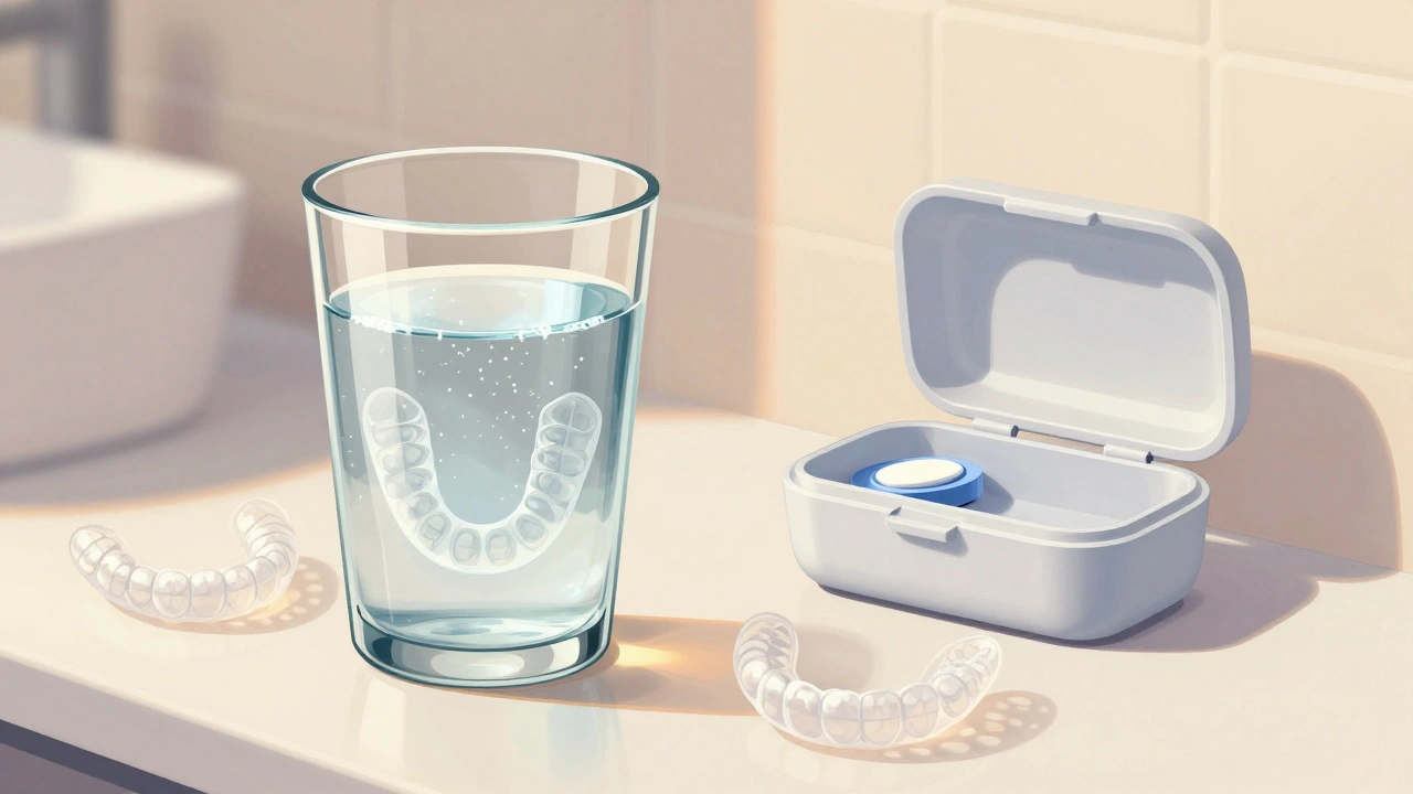 Snímací rovnátka ponořená v čisticím roztoku s tabletou v sklenici.