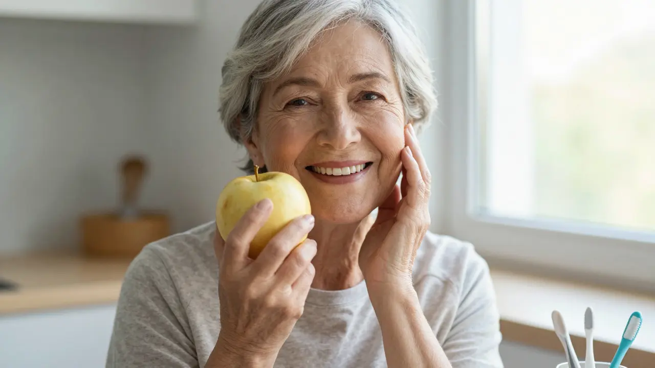Starší osoba se smíchem, která jí apple, znázorňující úspěšnou rekonstrukci zubu.