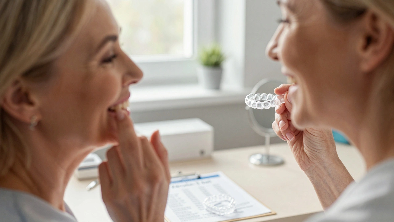 Starší žena se dívá do zrcadla a přitýká si úsměv, vedle ní leží průhledné rovnátka a papír s zárukou.