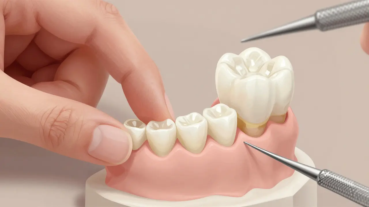 Tenká keramická fazeta s přirozeným leskem pod klinickým osvětlením.