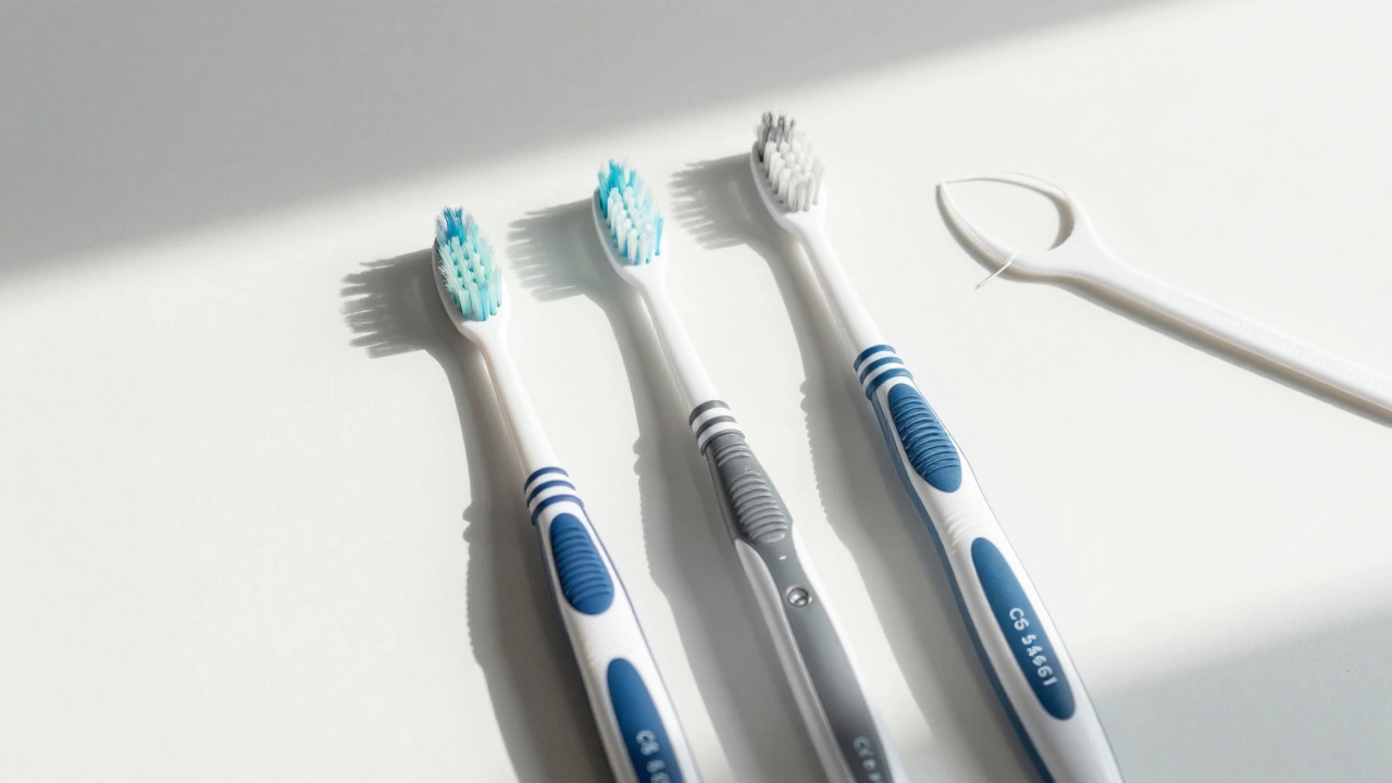 Tři modely Curaprox kartáčků spolu s mezizubními kartáčky na bílém pozadí.
