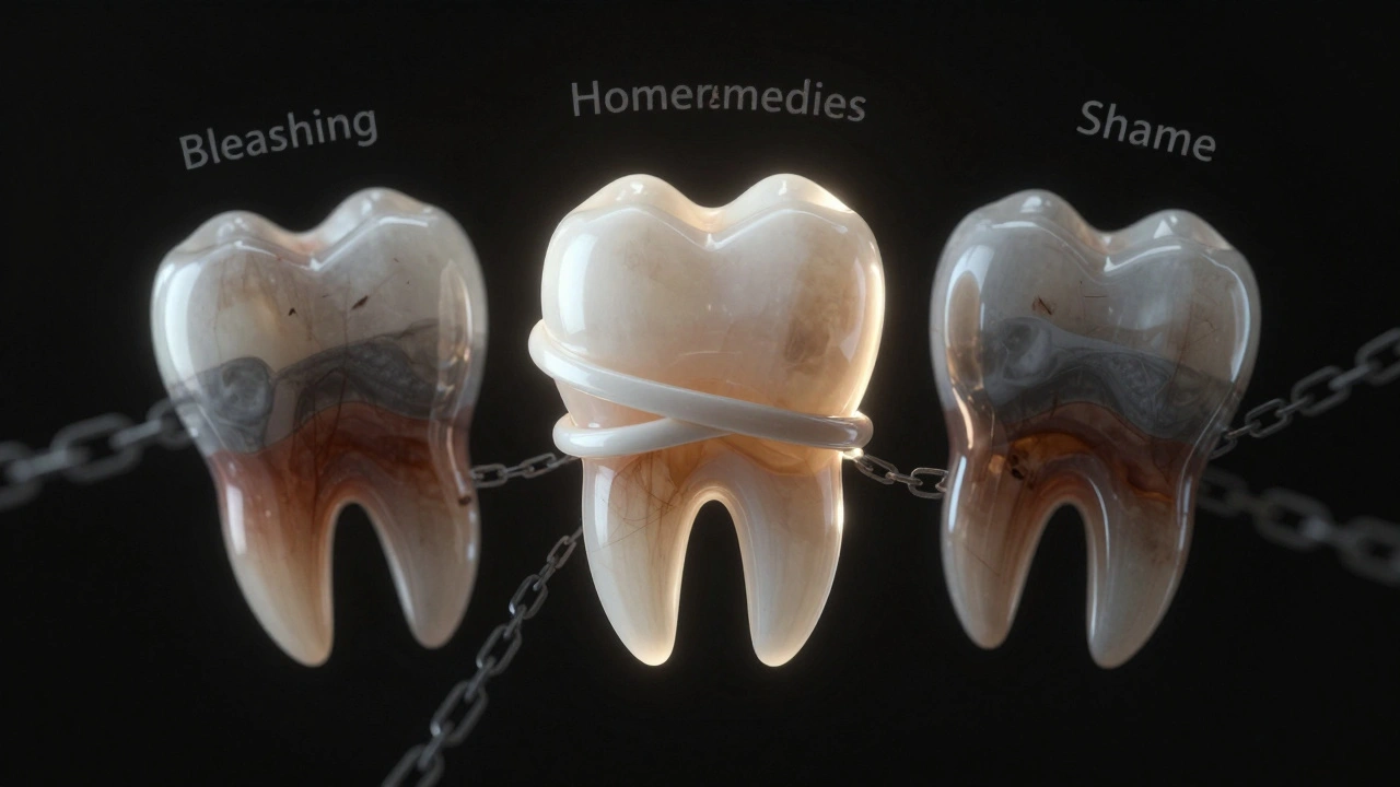 Tři zuby s vnitřním zbarvením, jedno překryté keramickou vrstvou, ostatní s řetězy symbolizujícími neúspěšné metody.