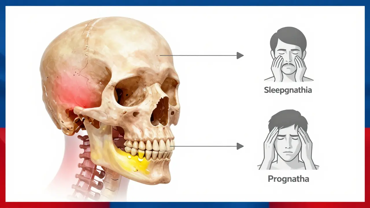 Ukázka nesprávně zarovnaných čelistí s přidruženými příznaky jako spánková apnoe a bolesti.