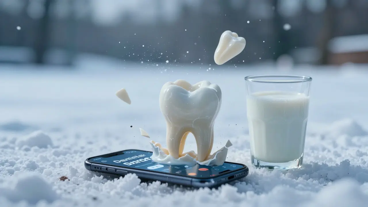 Ulomený přední zub se rozbíjí ve vzduchu, kousek zubu plave v mléce.