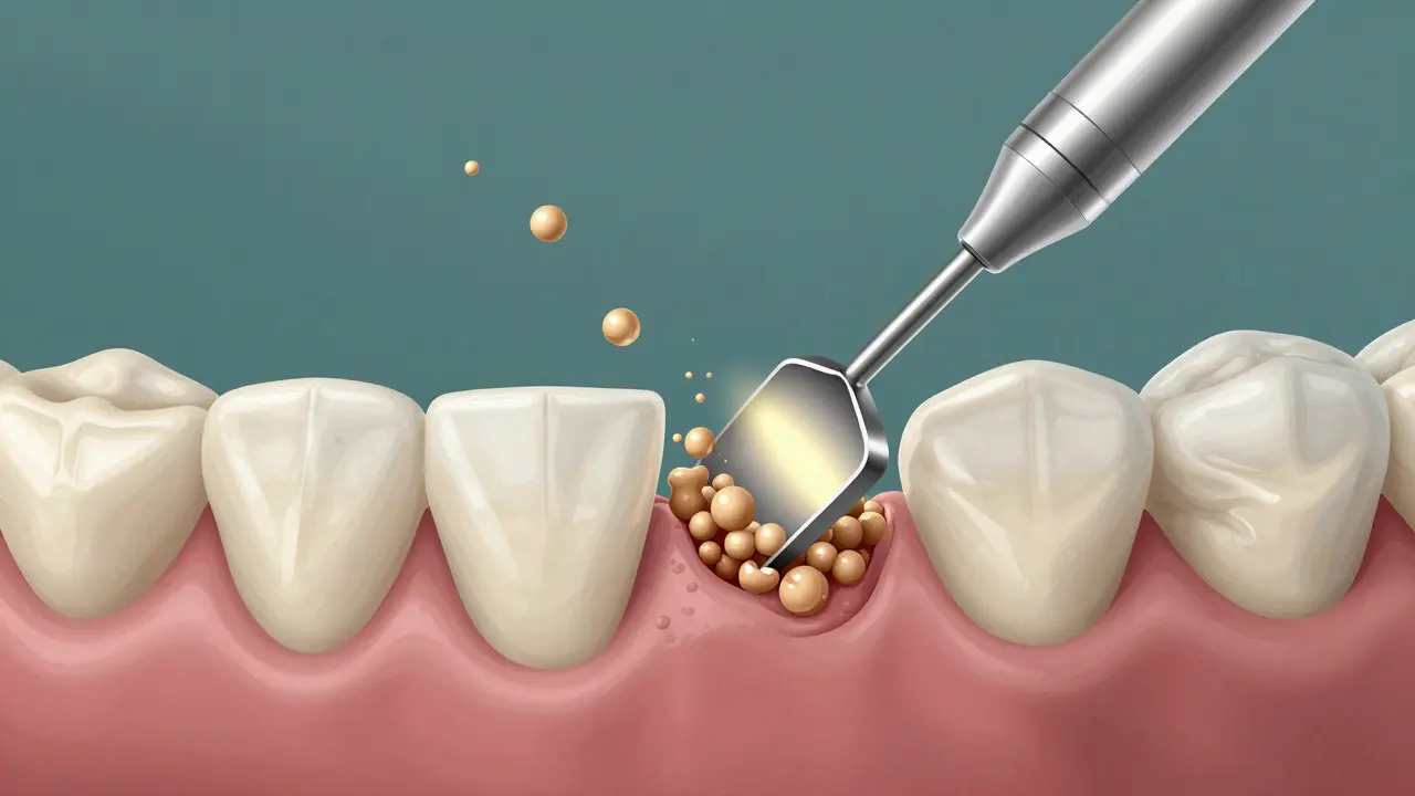 Ultrazvukový přístroj odstraňuje zubní kámen pod dásní.