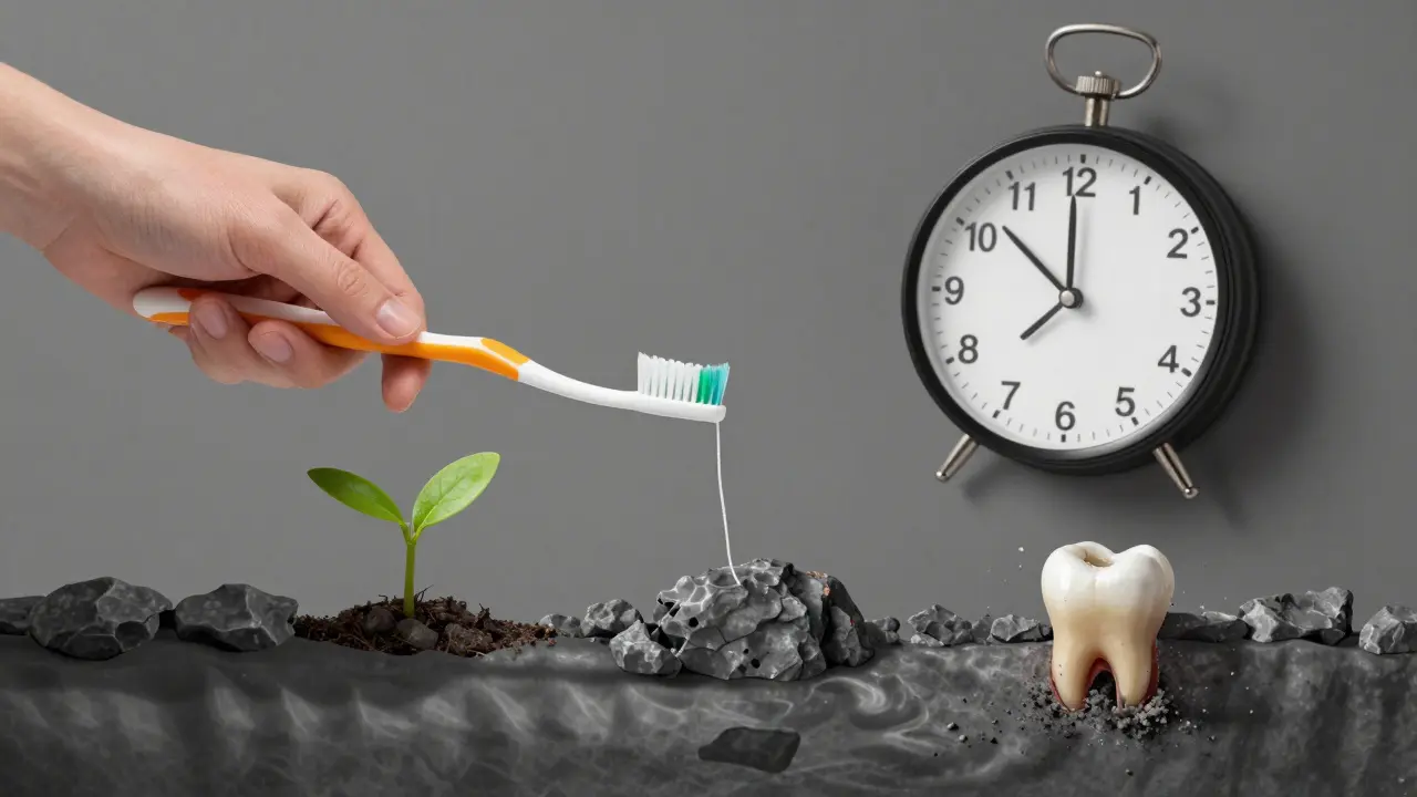 Zdravá a nemocná dásně v kontrastu: jeden zub se udržuje, druhý se ztrácí.