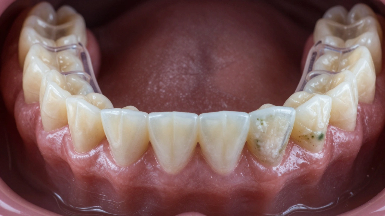 Znečištěné snímací rovnátko s viditelným plakem a plísní na povrchu.