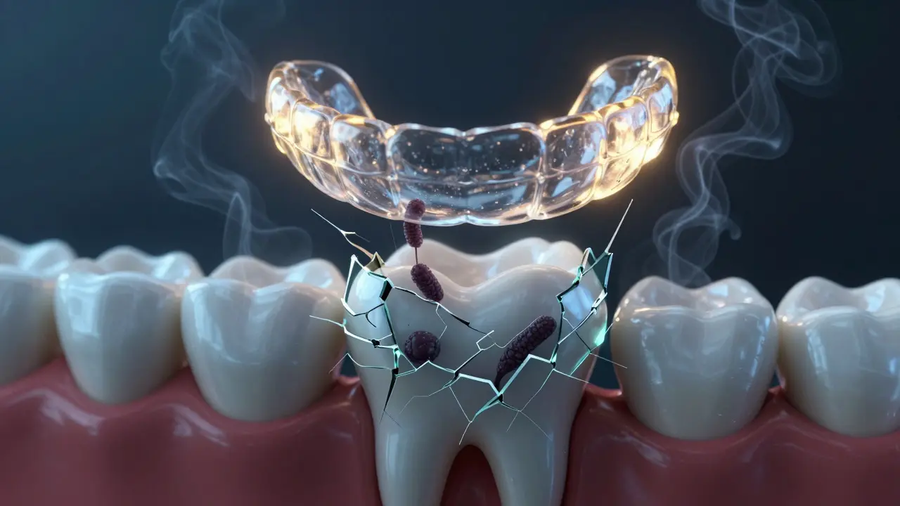 Zub v skleněné skořápce s bakteriemi a noční štěticí jako ochranou