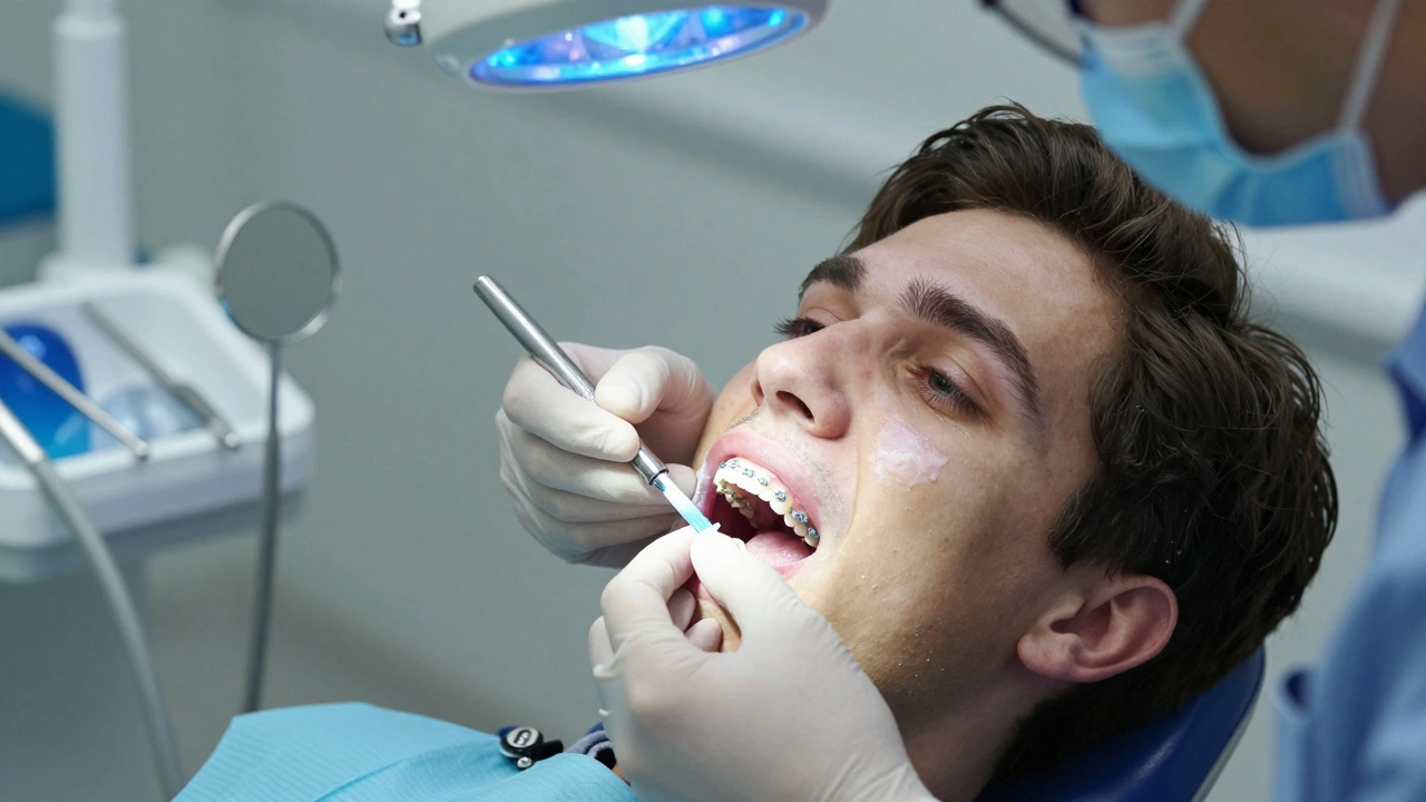 Zubař aplikuje fluoridový nátěr na zuby po sundání rovnátek.