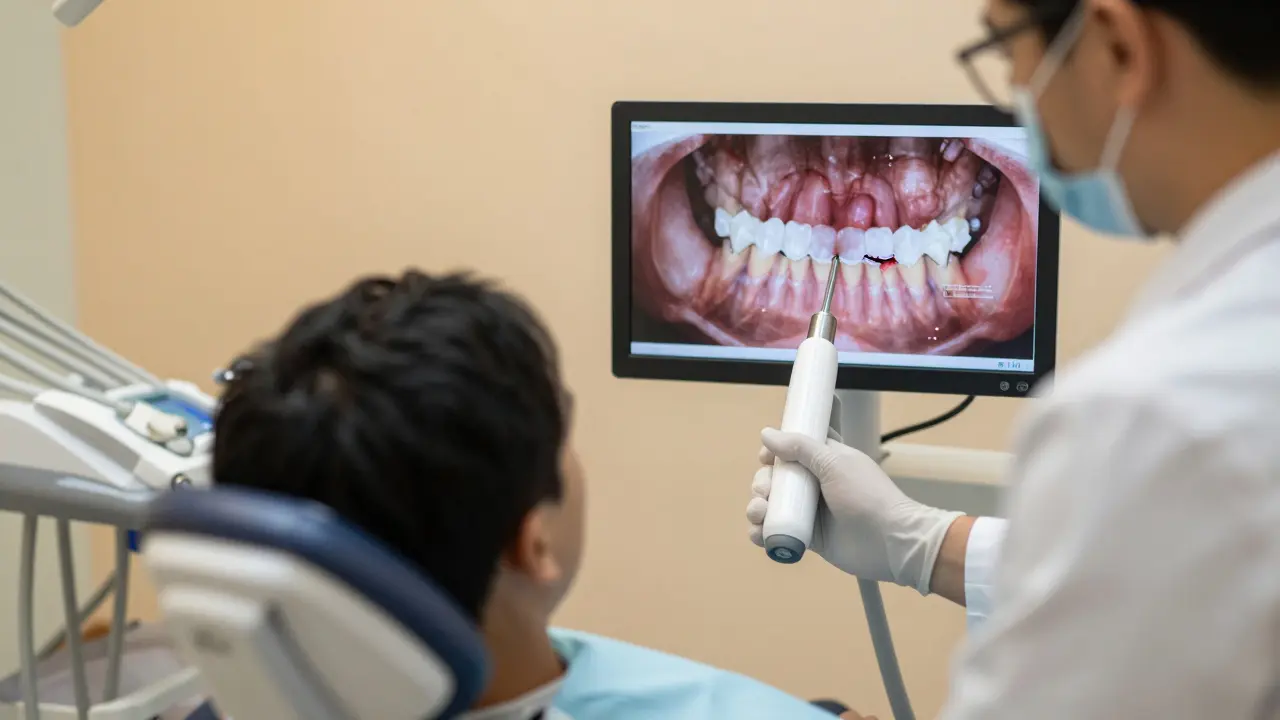 Zubní lékař používá laserový skener k detekci praskliny v zubu.