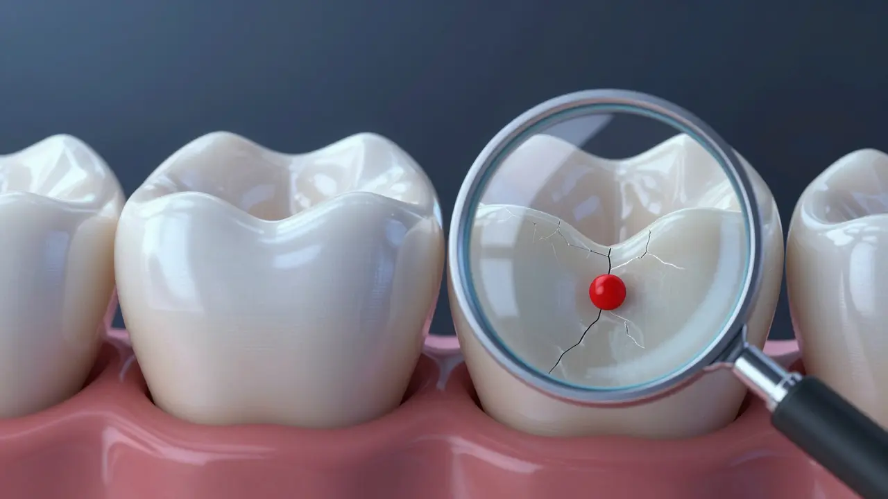 Zvětšený pohled na zdravou a poškozenou zubní sklovinu – hladká vs. mikrotrhlina od příliš častého bělení.