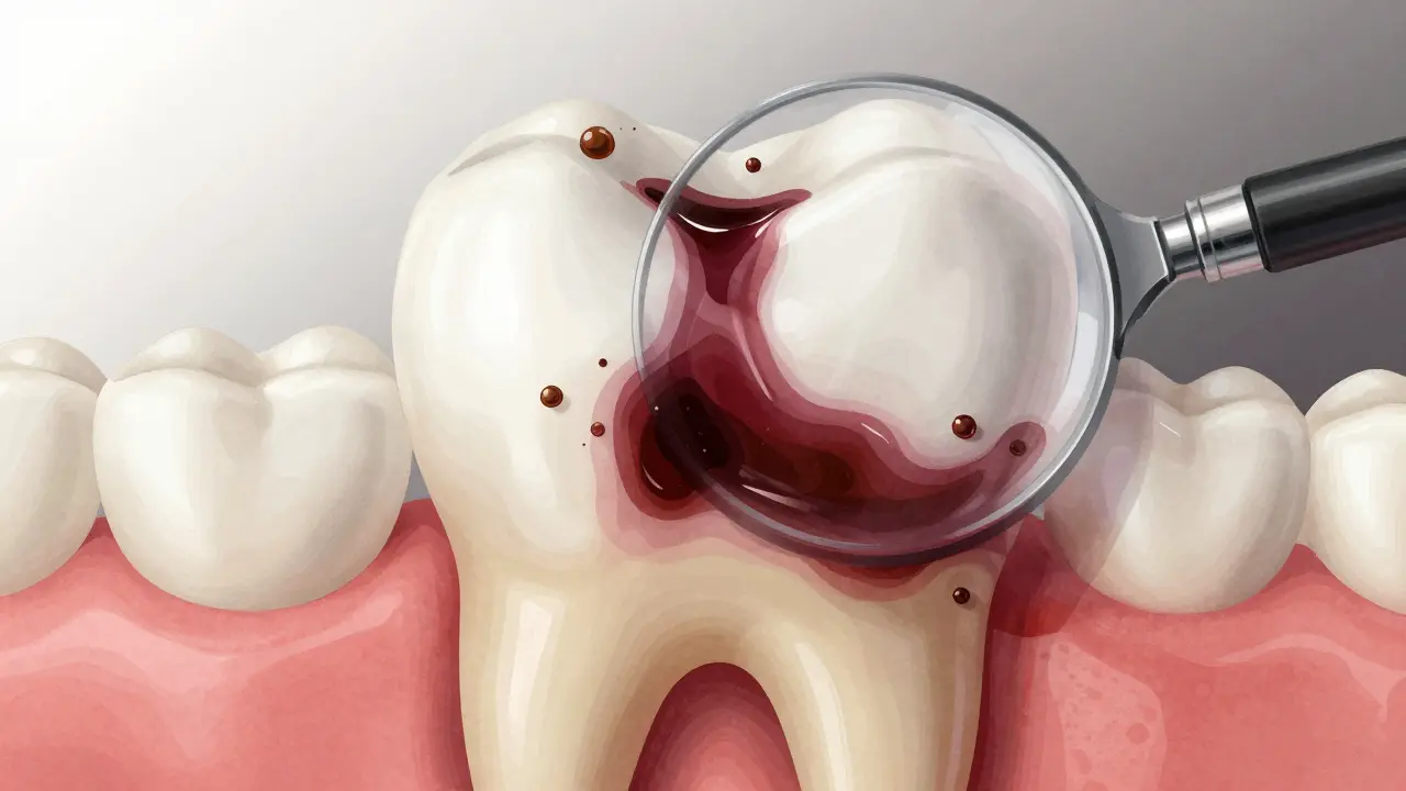 Zvětšený pohled na zubní email s otevřenými pory vstřebávajícími barviva z vína a kávy.