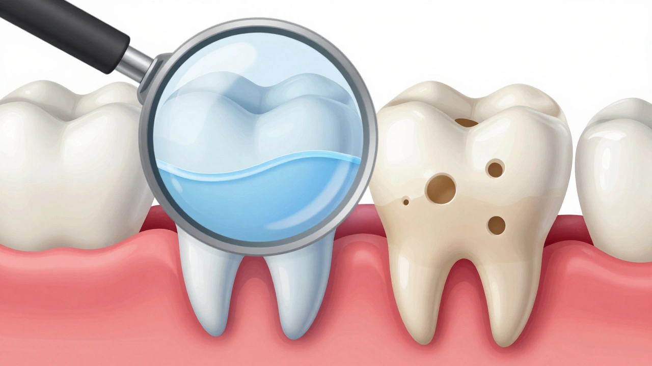 Zvětšený pohled na zubní sklovinu s pronikáním bělícího gelu a rozdílem mezi zdravou a poškozenou strukturou.