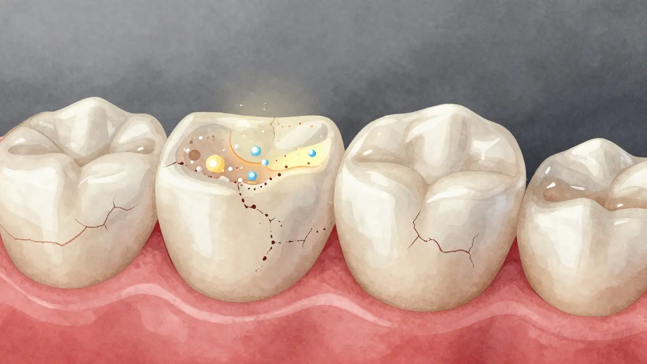 Zvětšený pohled na zubní sklovinu s remineralizací minerály.
