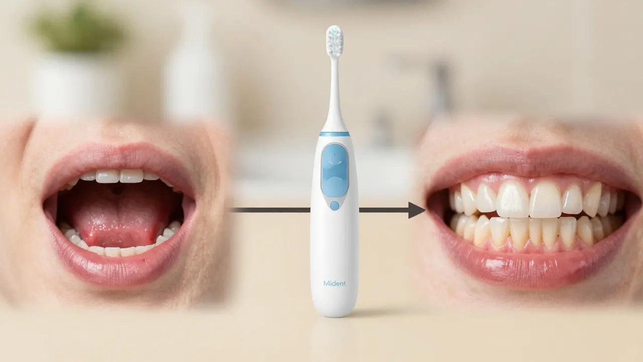 Časová osa ukazující vylepšení zubů a dásní po 30 dnech používání Midentu.