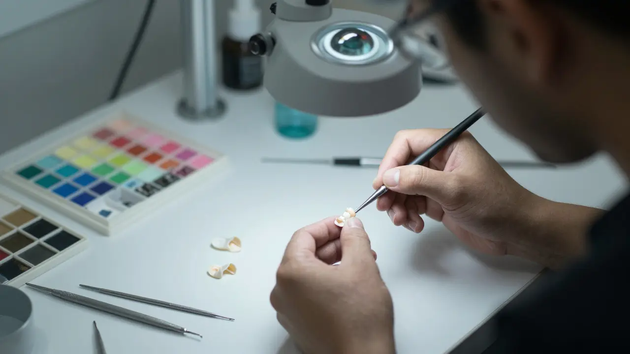 Dental technician handcrafting porcelain veneers in a laboratory under magnification.