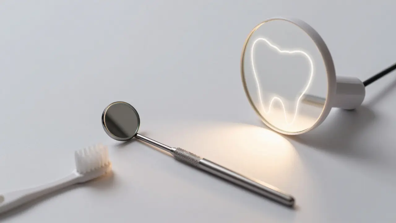 Dentální zrcátko a světlo na stole, odraz ukazuje skryté problémy v ústech.