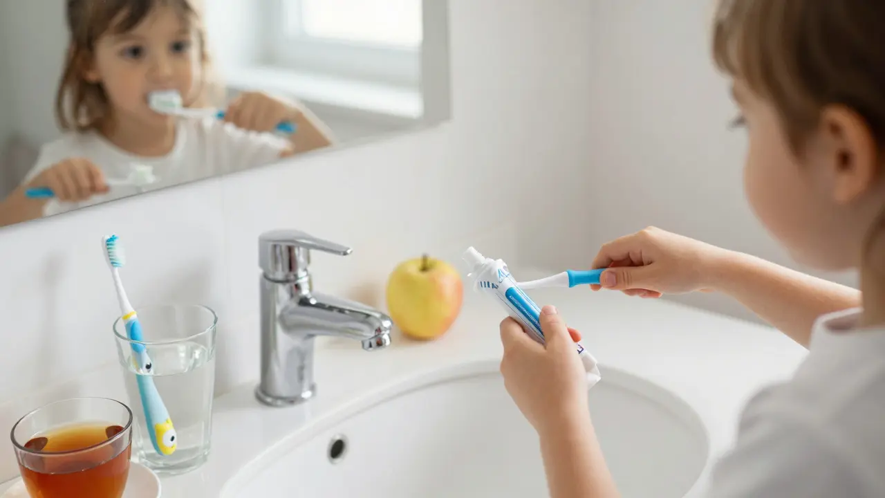 Dítě čistí zuby ve koupelně s měkkým kartáčkem a fluoridovou pastou, na stole voda a jablko.
