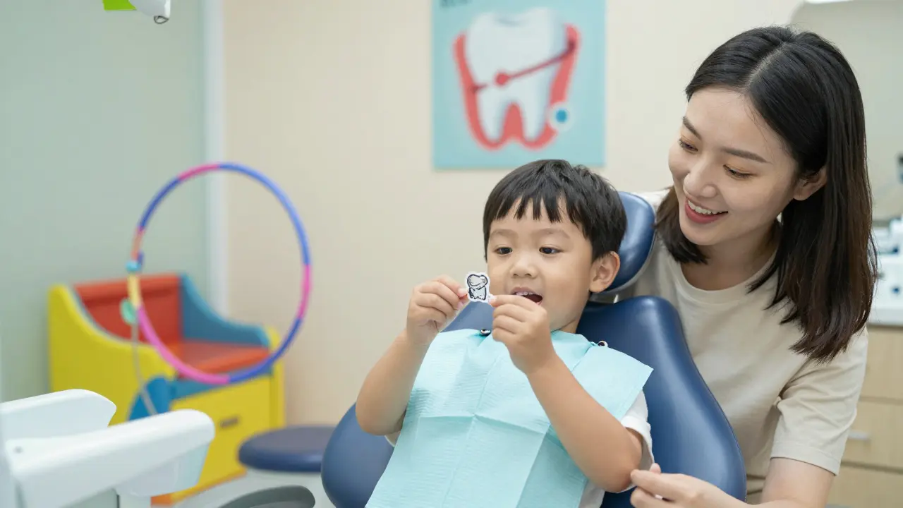 Dítě drží odměnu od zubaře, zatímco rodič se usmívá — symbol pozitivní zkušenosti.