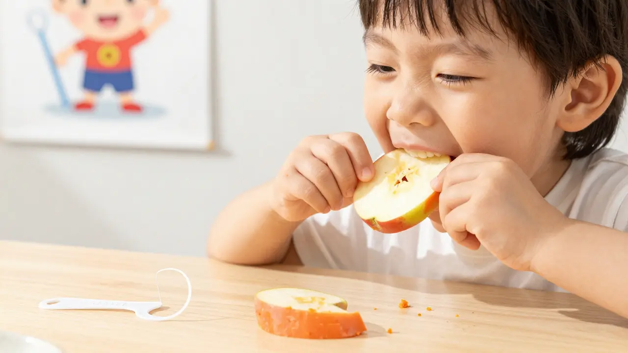 Dítě žvýká syrovou mrkev a jablko po obědě, vedle něj zubní nit na vodítku.