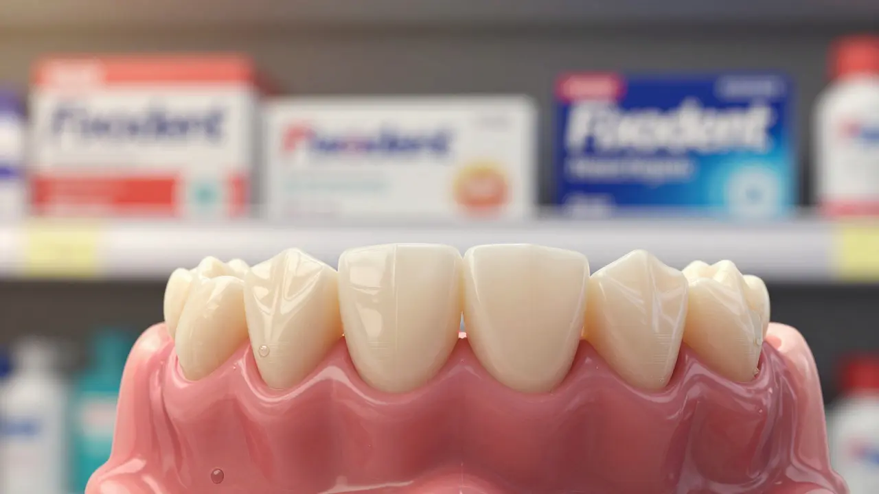 Dočasný zub přilepený na dásni s drobnými kapičkami lepidla, jemně osvětlený.