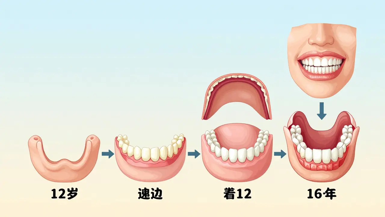 Ilustrace vývoje čelisti dítěte od narození do dospělosti.