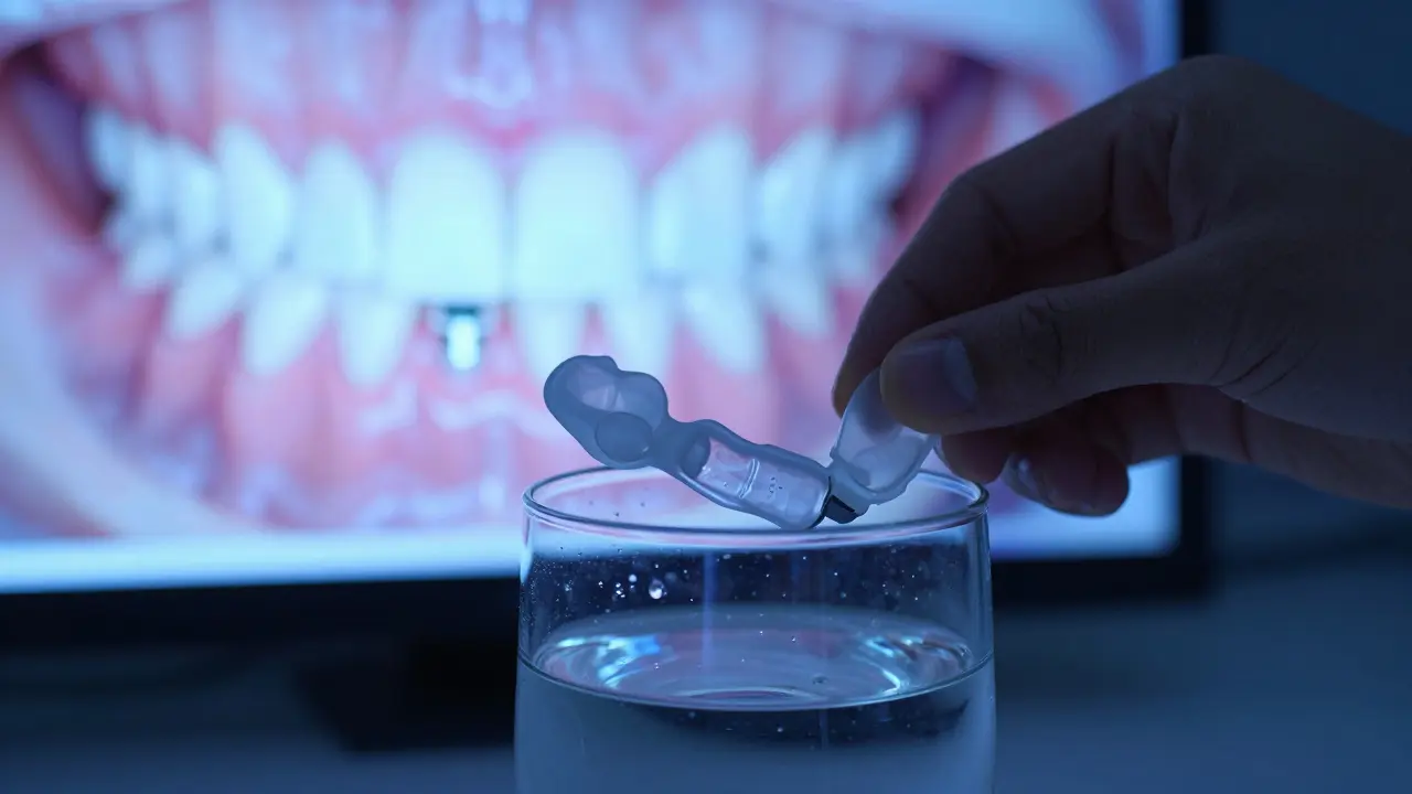 Nasazovací zuby v čisticím roztoku v noci, symbolizující odpočinek a péči.