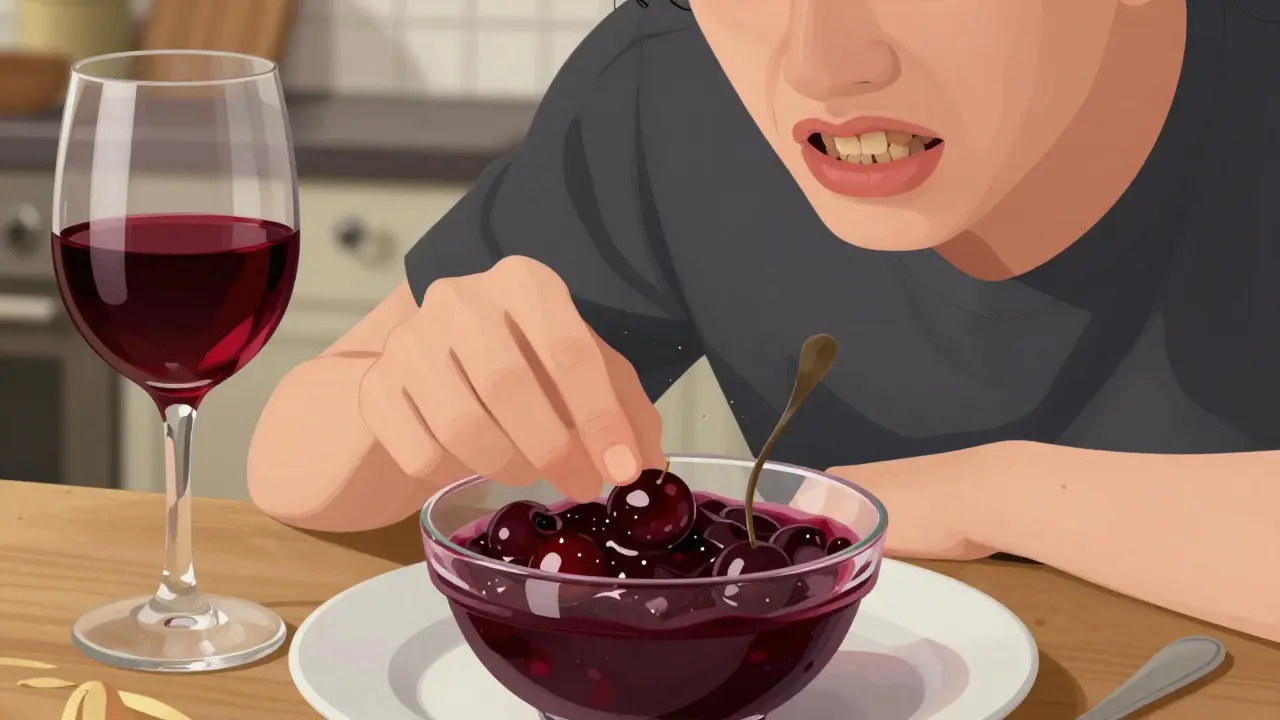 Osoba se zastaví nad tmavým jídlem, její tvář vyjadřuje vnitřní konflikt mezi chuťí a stydem z vzhledu zubů.