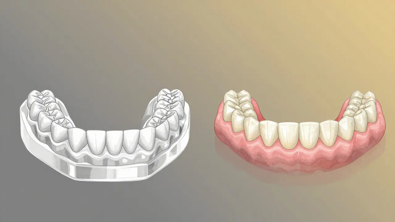Porovnání jednoduché plastové protézy a keramického mostu vedle sebe.