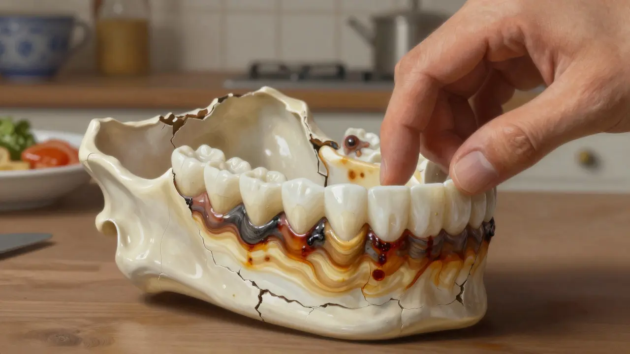 Přední část čelisti s vnitřními zbarvenými vrstvami, které jsou překryty tenkými keramickými vložkami, symbolizujícími léčbu.