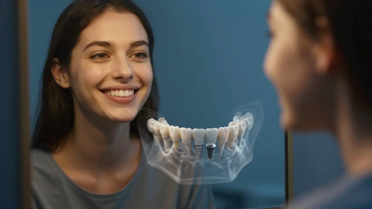 Přehled kostní struktury pod implantátem a můstkem v zrcadle, kdy jedna strana má zdravou kost, druhá zanikající.