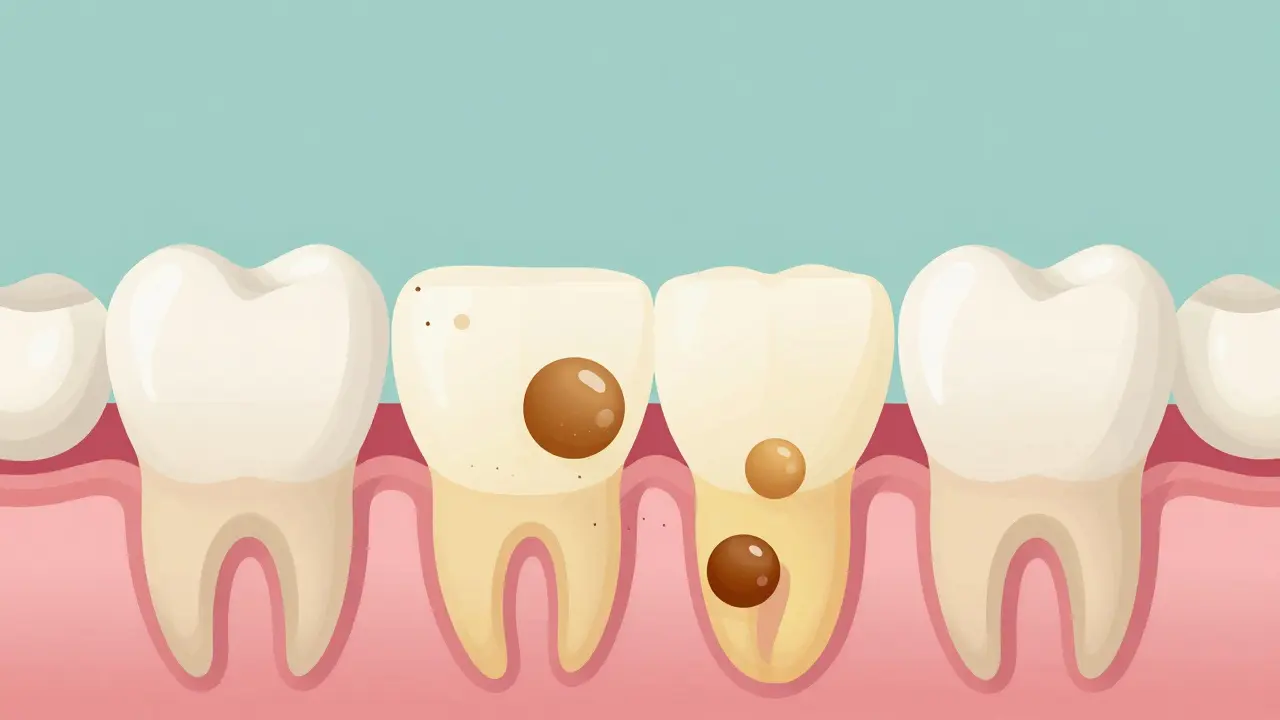 Přehled vnitřní struktury zubu s rozkladem barvivých molekul peroxidem vodíku.