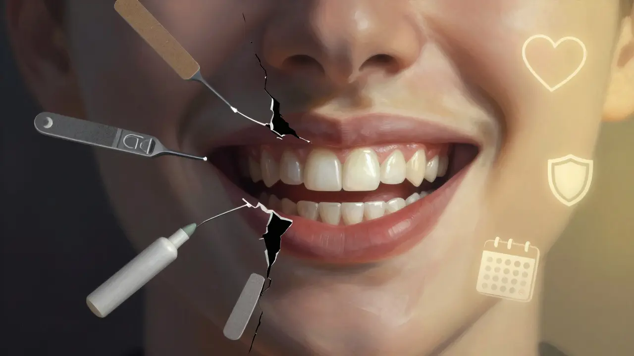 Převratný obraz úsměvu: z rozpadlého na dokonalý, s symboly zubní péče a časovými šipkami.