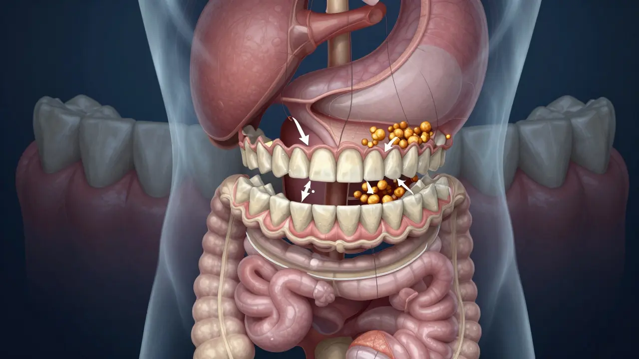 Průhledná ilustrace trávicího systému s akcentem na žvýkání a slinné enzymy.