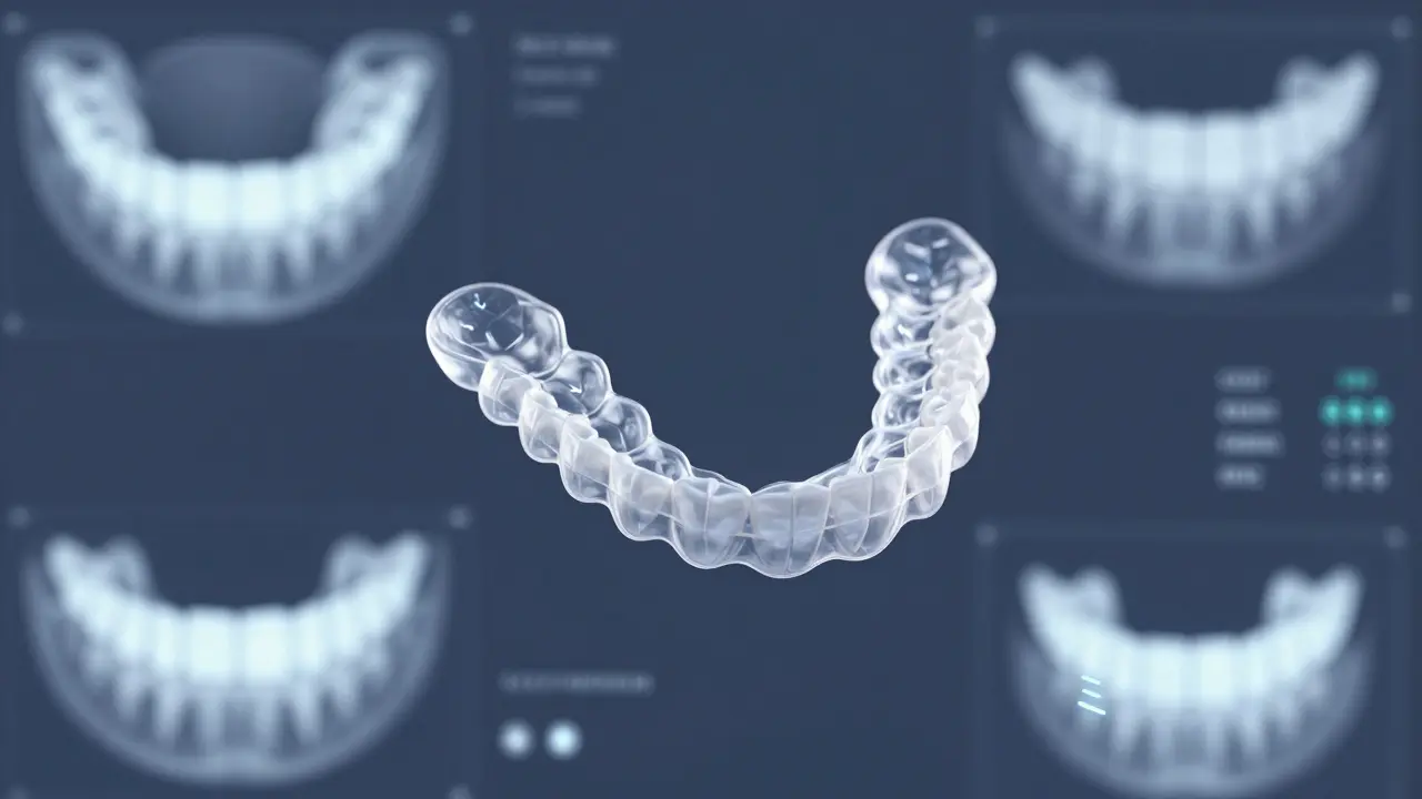 Průhledné rovnátko s 3D skenem zubů a digitálními indikátory pohybu.