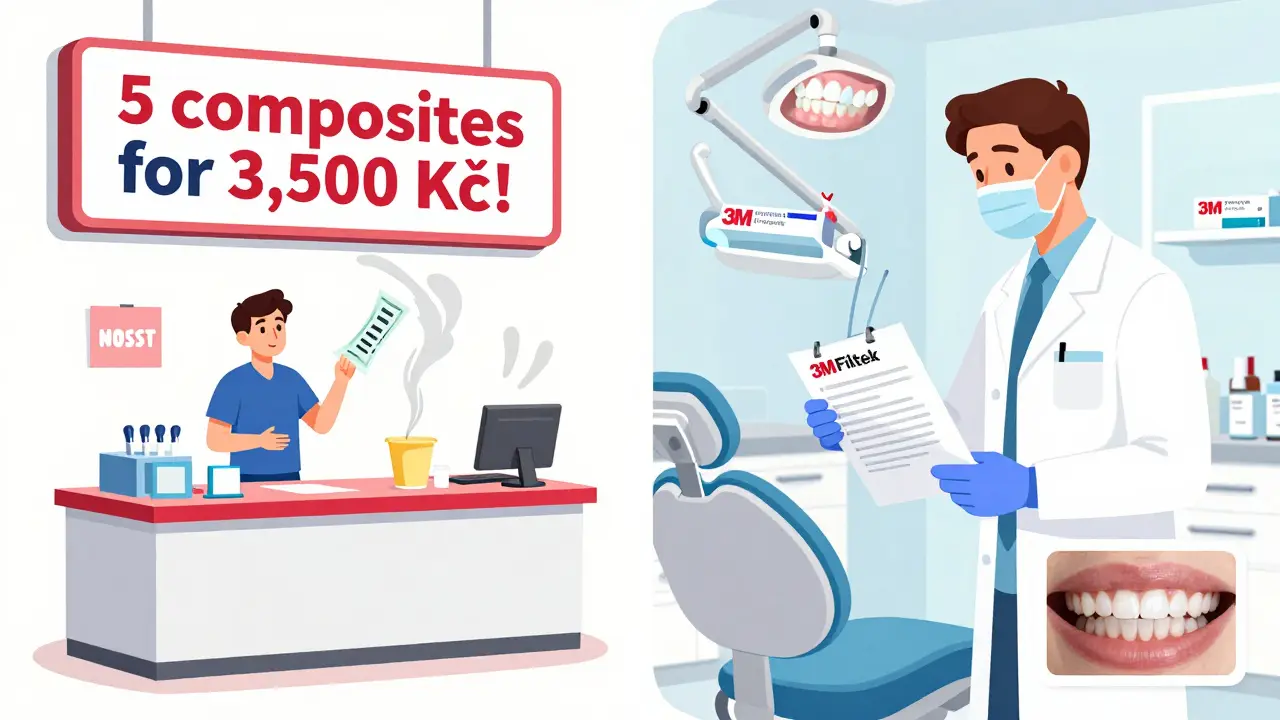 Split illustration: left shows deceptive cheap dental deal, right shows transparent, professional composite treatment.