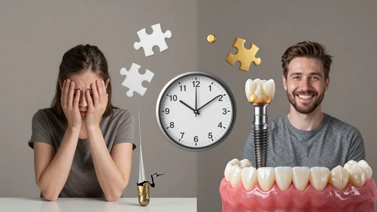 Split image showing short-term cheap filling versus long-term durable dental implant