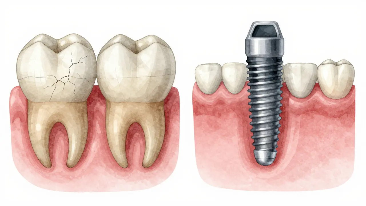 Srovnání zubního můstku poškozujícího sousední zuby a implantátu, který kost zachovává.