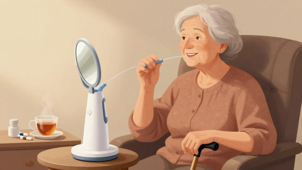 Stará žena používá vodní proud na čištění mezi zuby, sedí pohodlně a v zrcadle vidí klidný výraz.