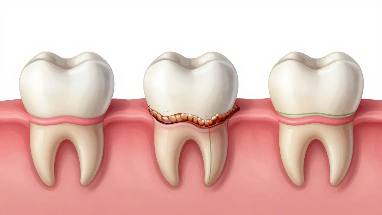 Tři fáze vývoje zubního povlaku: od biofilmu přes kámen až ke ztrátě zubu.