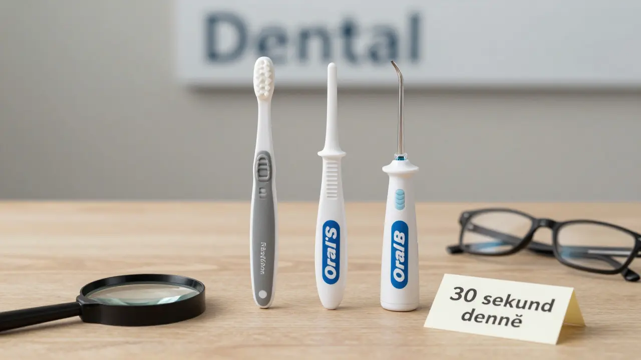 Tři typy mezizubních kartáčků leží na dřevěné ploše s brýlemi a poznámkou '30 sekund denně'.