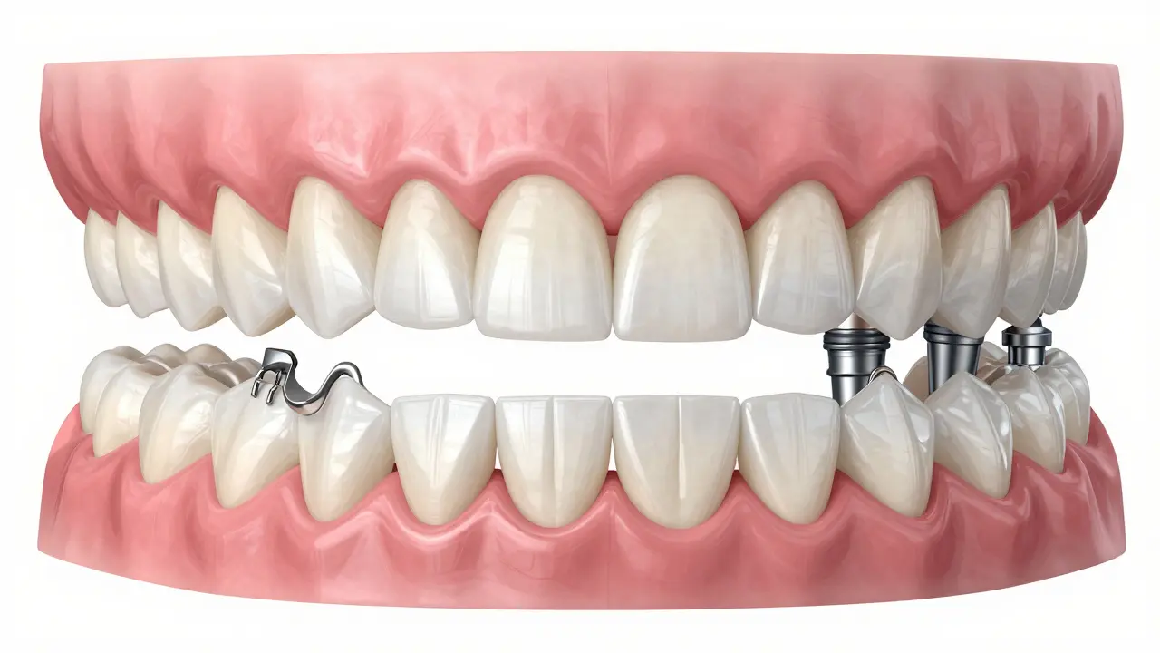 Tři typy zubních protéz: úplná, částečná a na implantátech, viditelně porovnány.