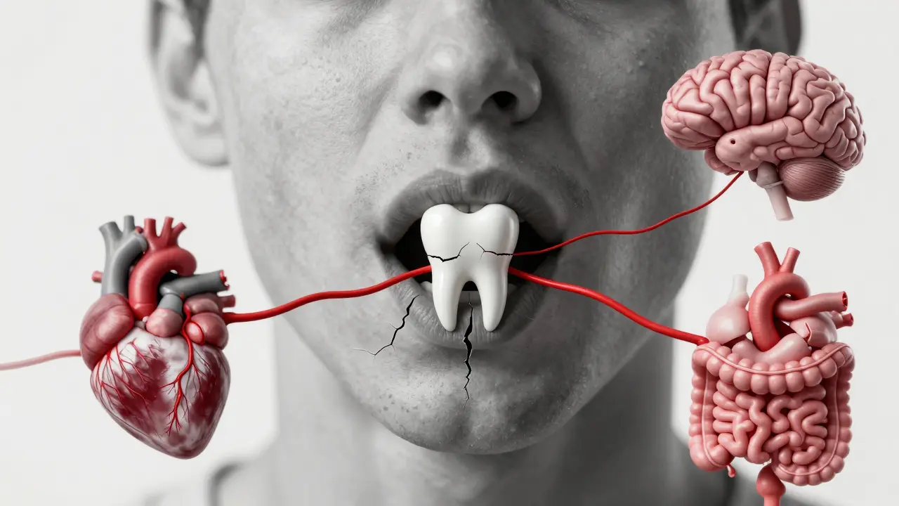 Tvář propojená s srdcem, mozkem a trávicím systémem skrze krvní cévy z úst.