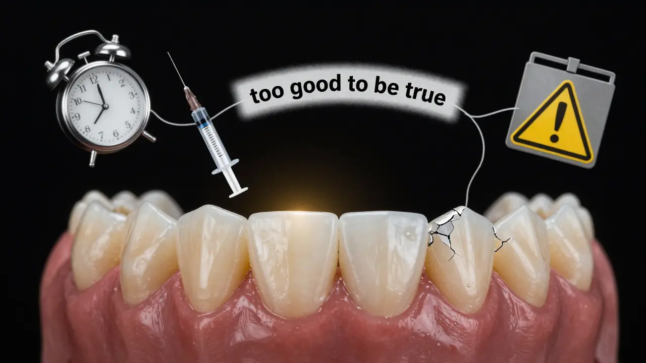 Two contrasting teeth: one durable and natural, the other cracked and yellowed, with hidden costs floating around.