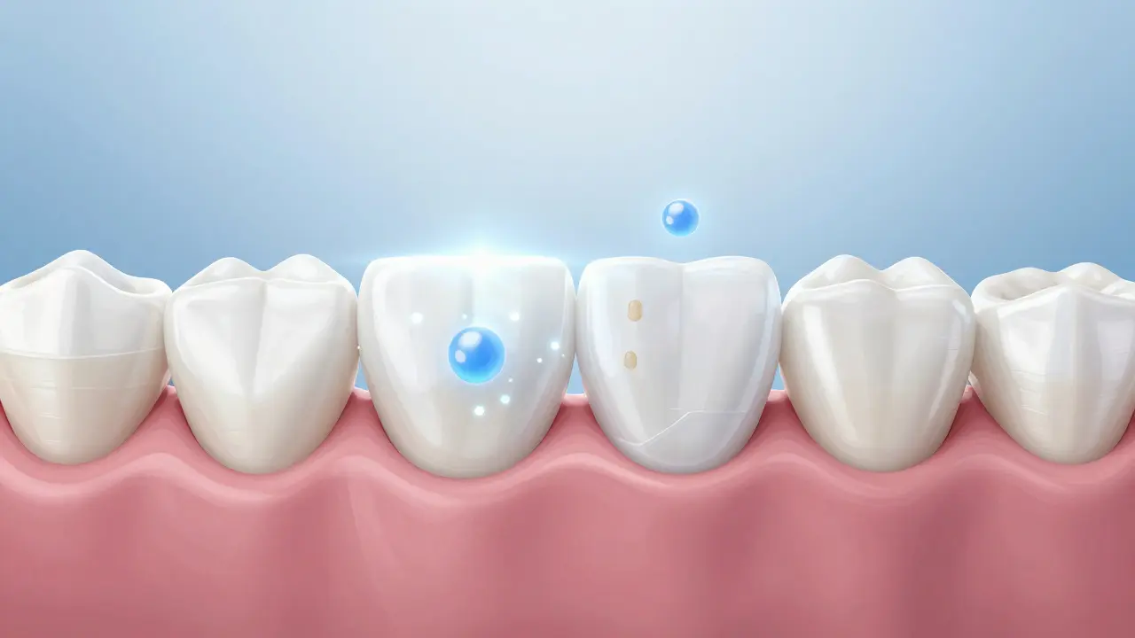 Vizuální znázornění pronikání bělícího gelu do skloviny zubu a rozkladu skvrn.