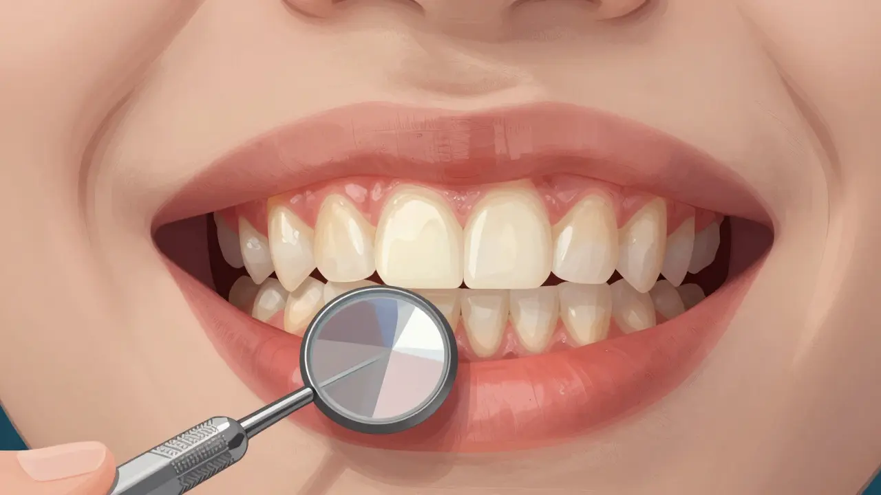 Vnitřní pohled na zuby a dásně s příznaky zánětu, zrcadlo odhaluje skryté oblasti.