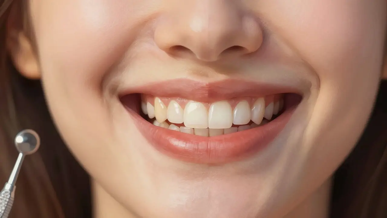 Woman's smile before and after ceramic veneers, showing improved tooth appearance.