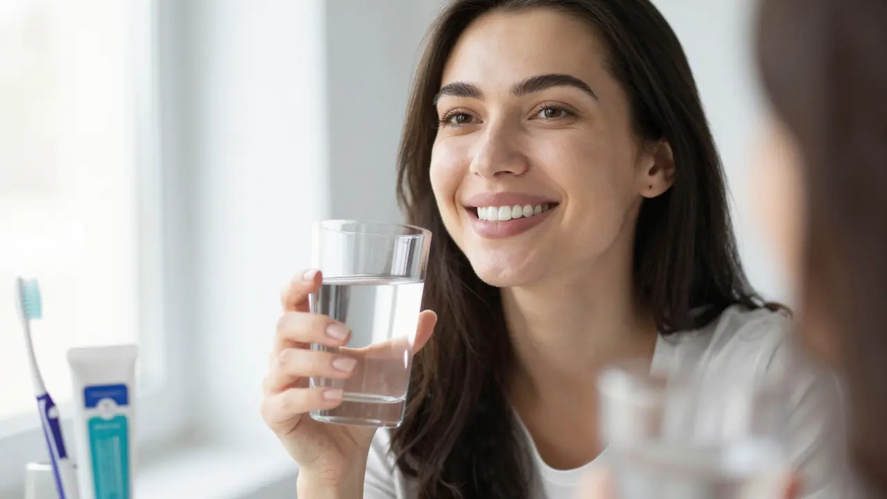 Žena se usmívá do zrcadla po bělení zubů, drží sklenici vody.